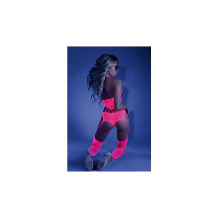 Fantasy Lingerie Glow Blacklight Reflective No Promises Footless Teddy Neon Pink Bodystocking - Image 2