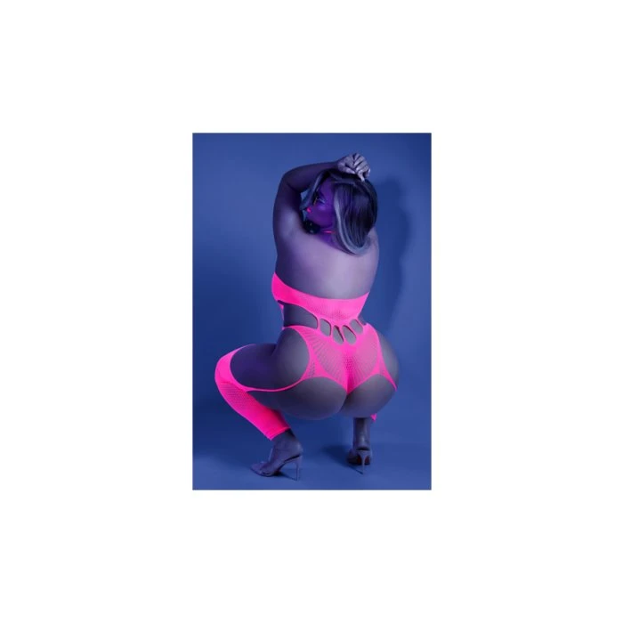 Fantasy Lingerie Glow Blacklight Reflective No Promises Footless Teddy Neon Pink Bodystocking - Image 4