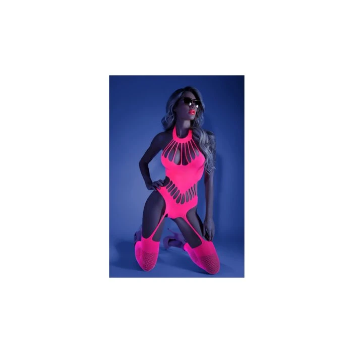 Fantasy Lingerie Glow Blacklight Reflective No Promises Footless Teddy Neon Pink Bodystocking